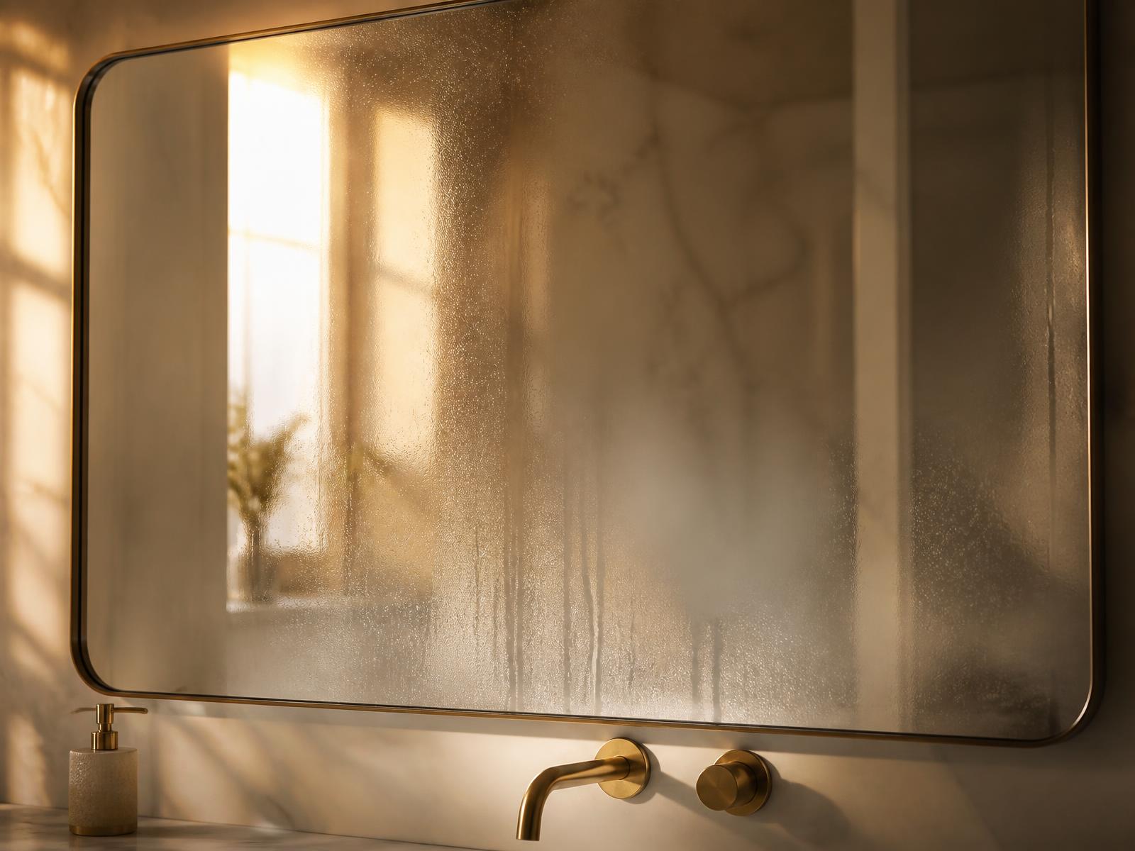 A steamy bathroom mirror lit by warm morning light