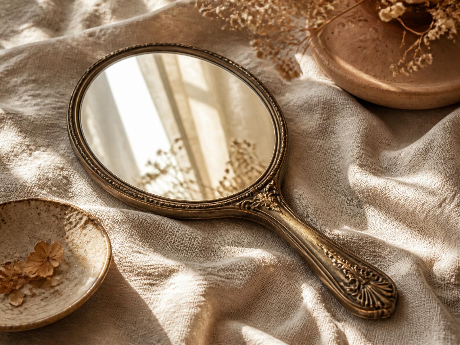 A vintage hand mirror resting on cream linen