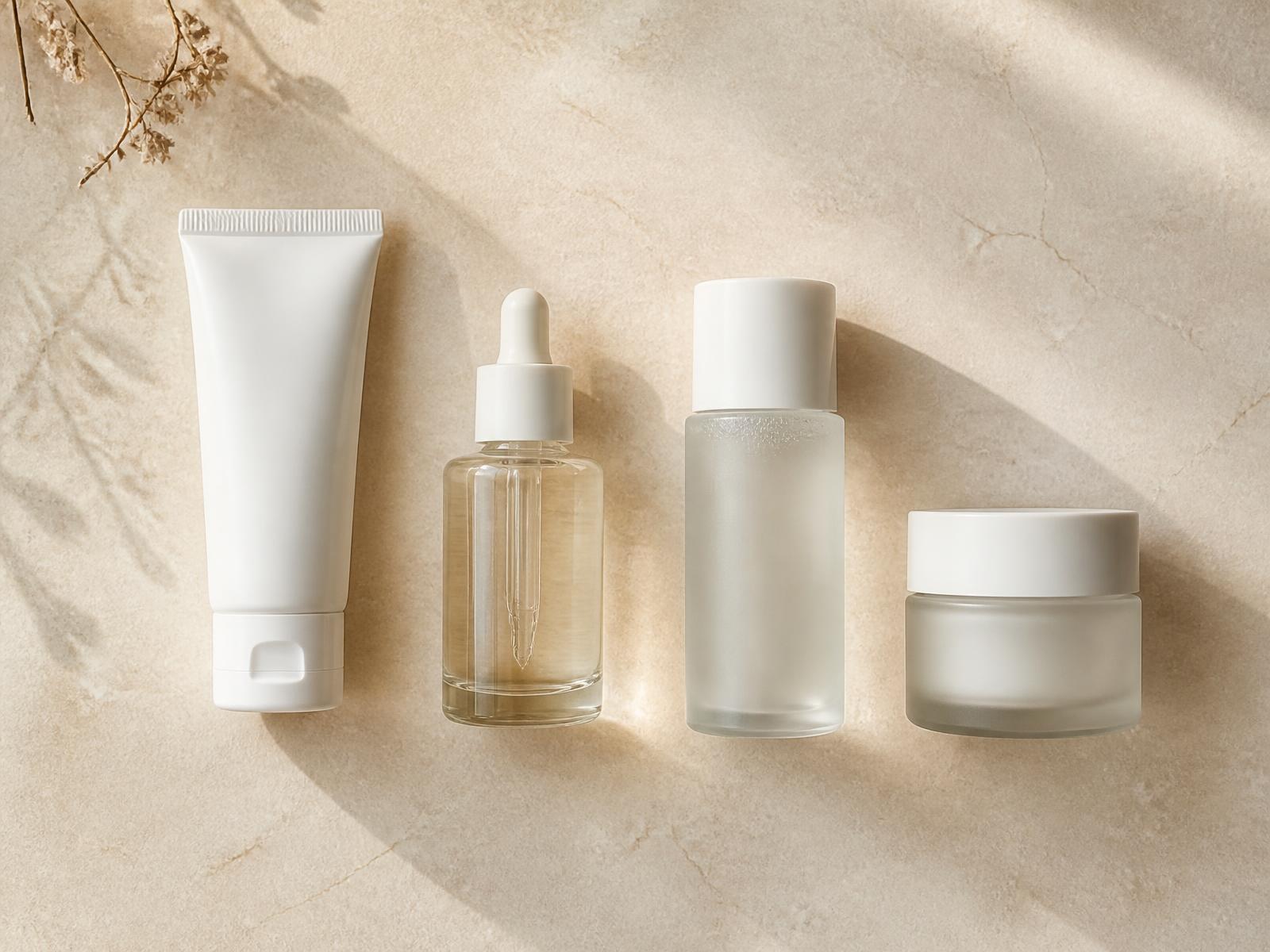 Four unbranded skincare products in a row on stone