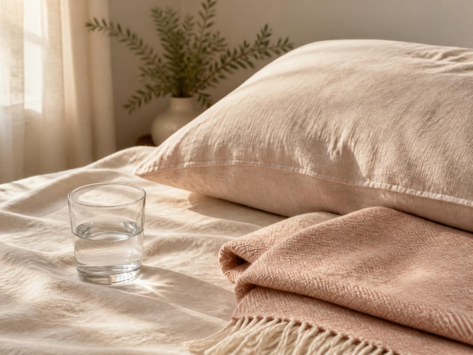 A glass of water on sunlit linen bedding
