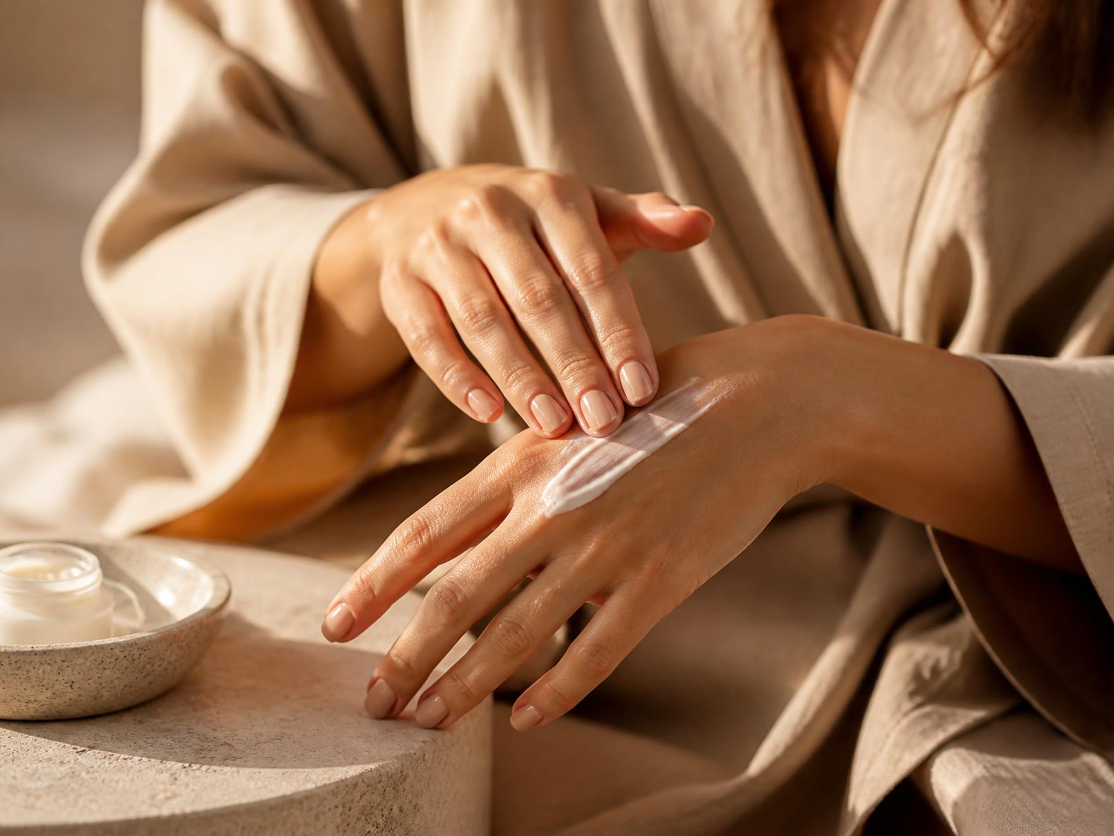 Hands smoothing moisturiser over the back of a hand