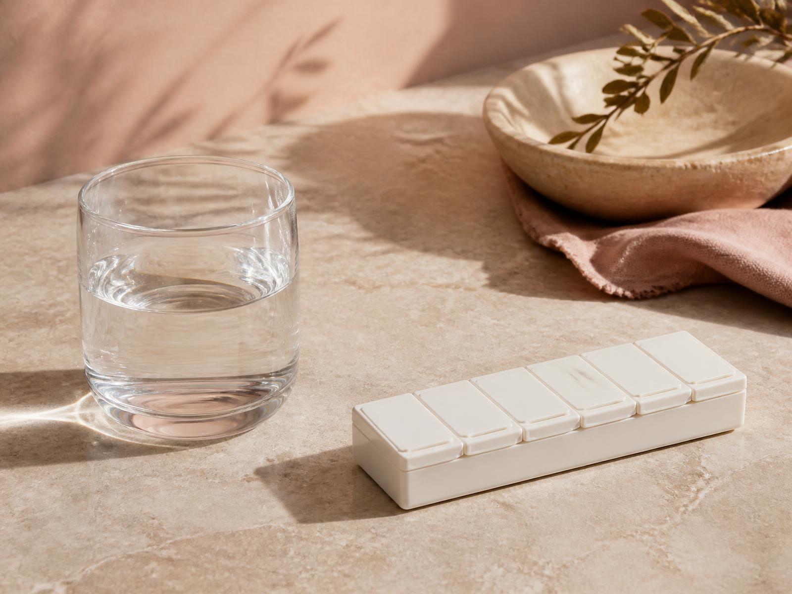 A glass of water and a plain pill organiser on a stone counter