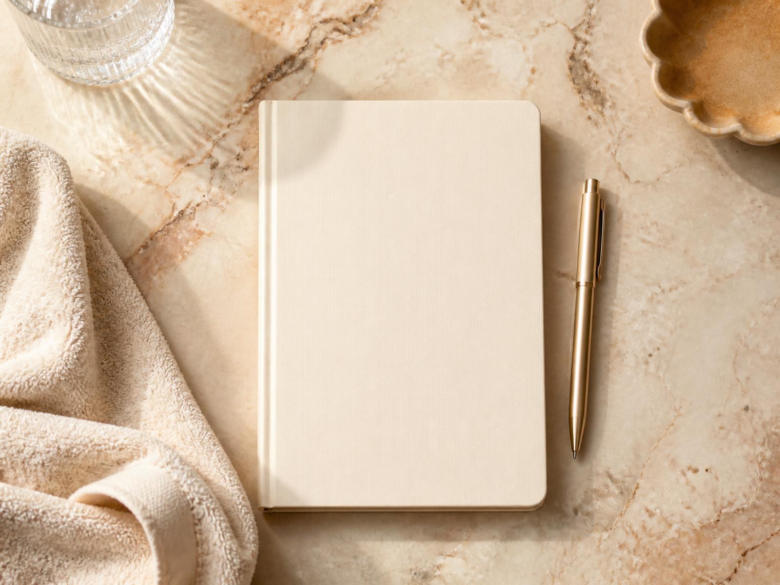 A blank notebook and pen on a warm marble counter