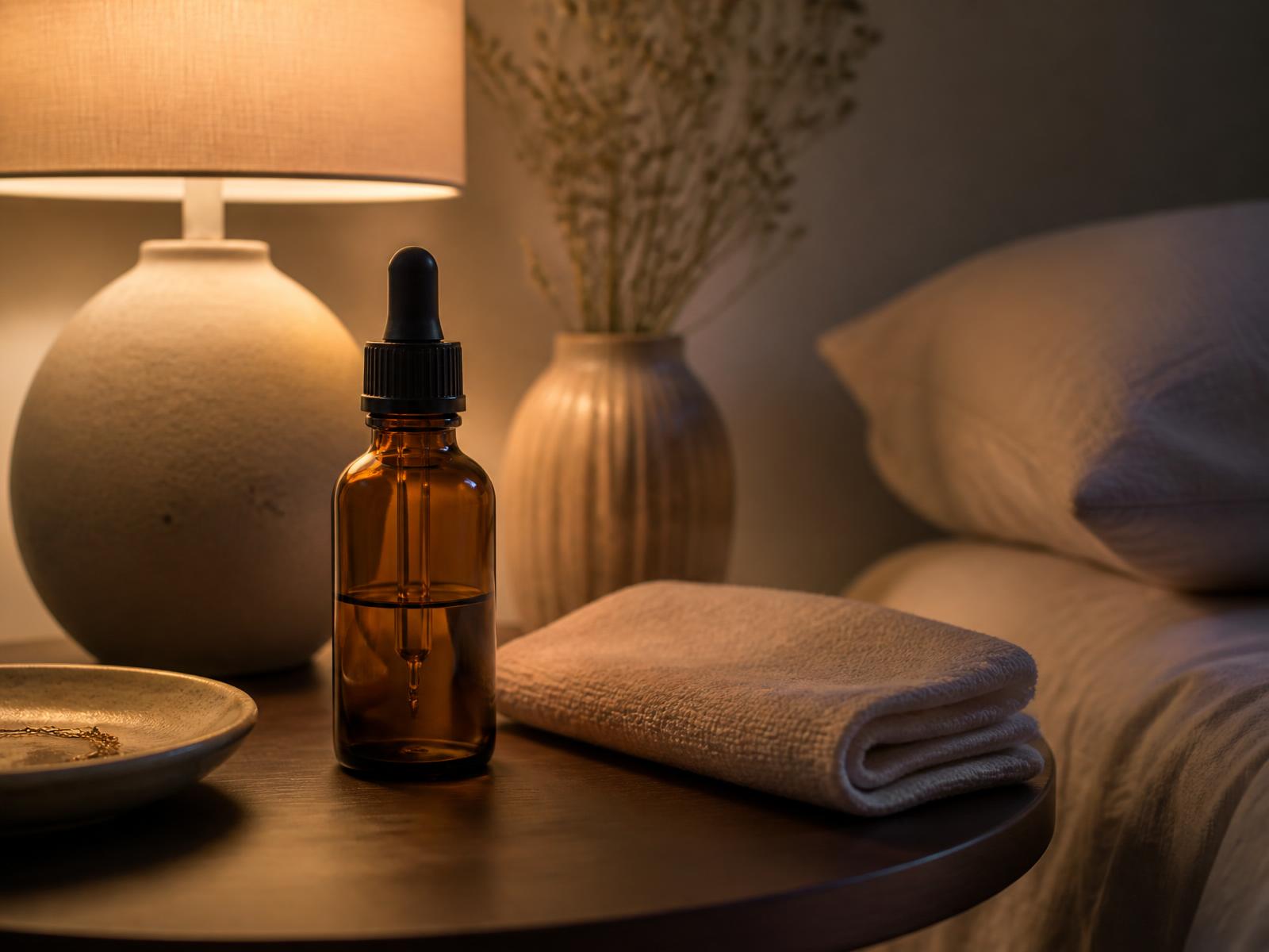 An amber dropper bottle on a nightstand under lamplight