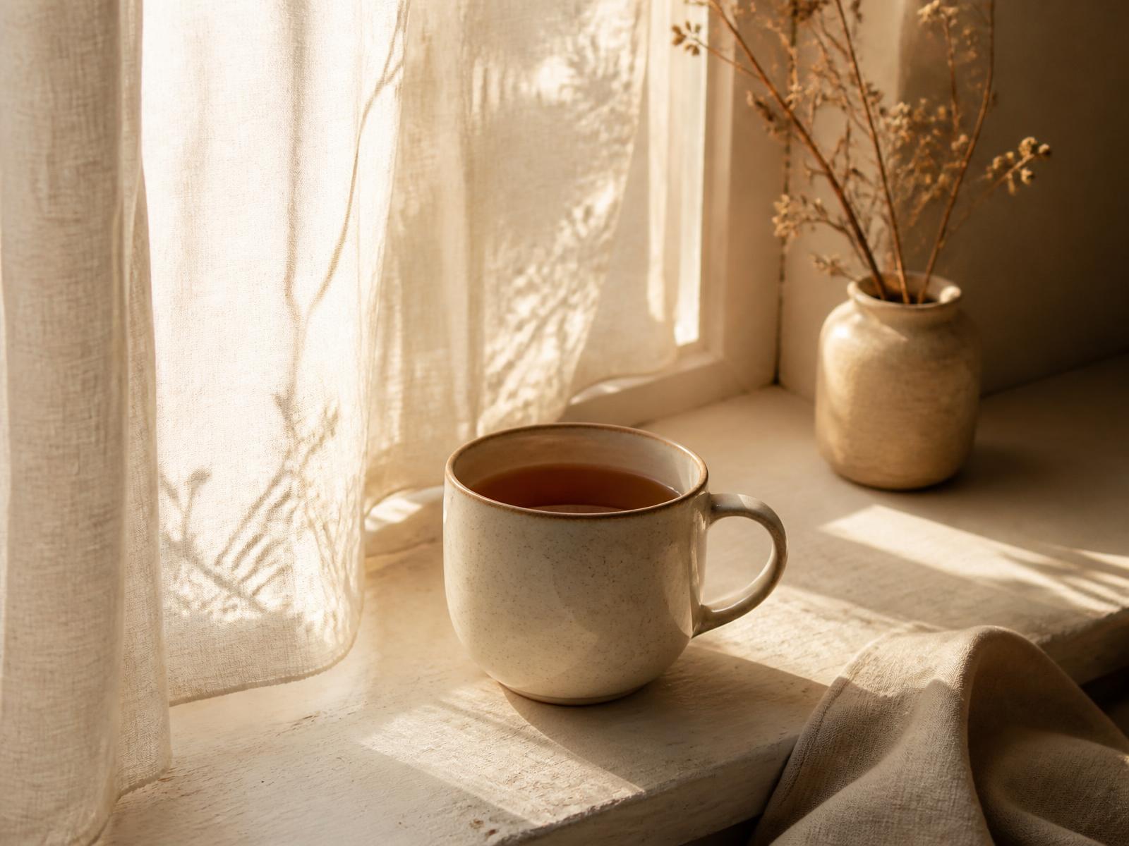 A ceramic mug of tea on a sunlit windowsill
