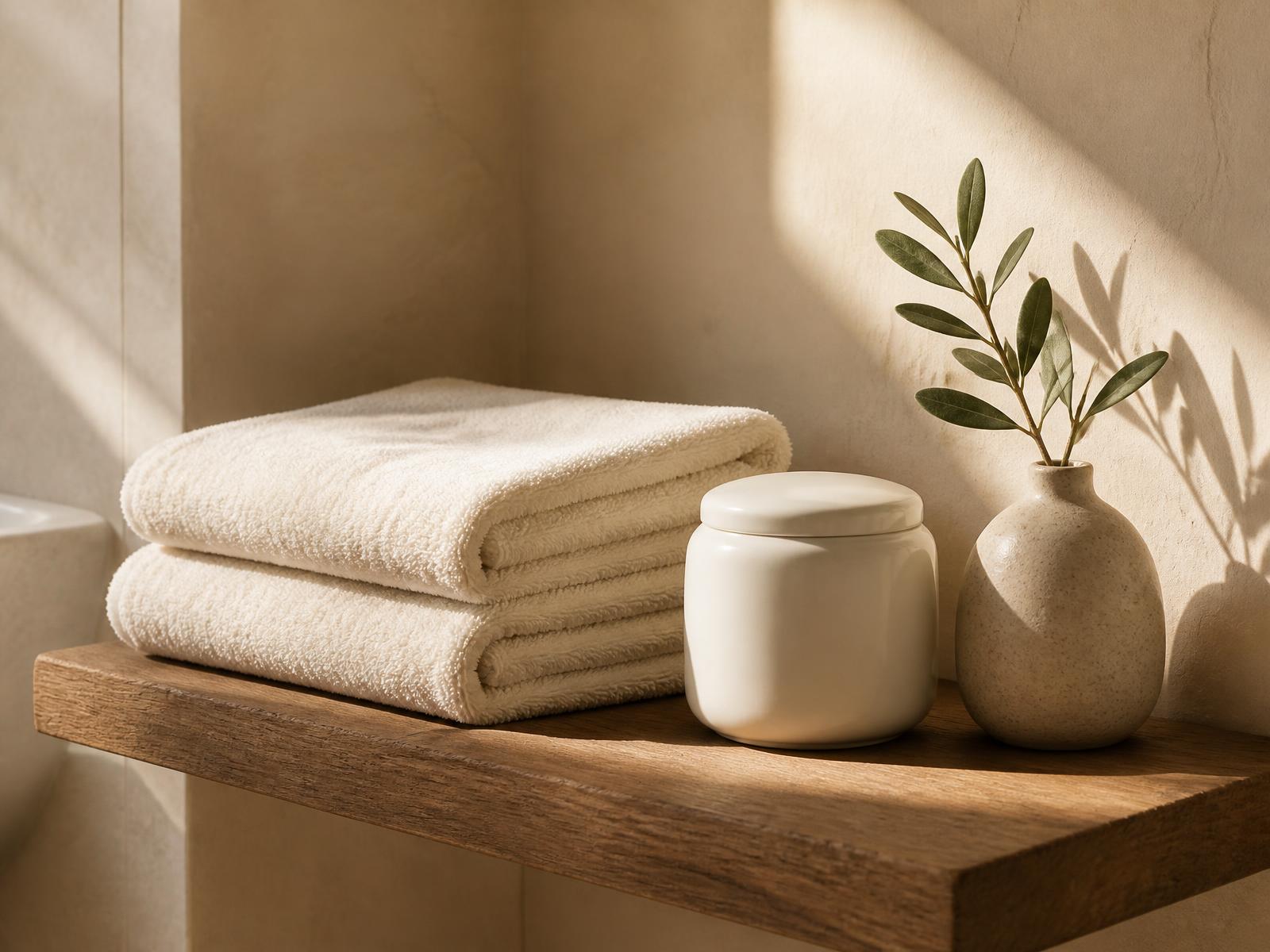 Folded cream towels and a plain jar on a sunlit shelf