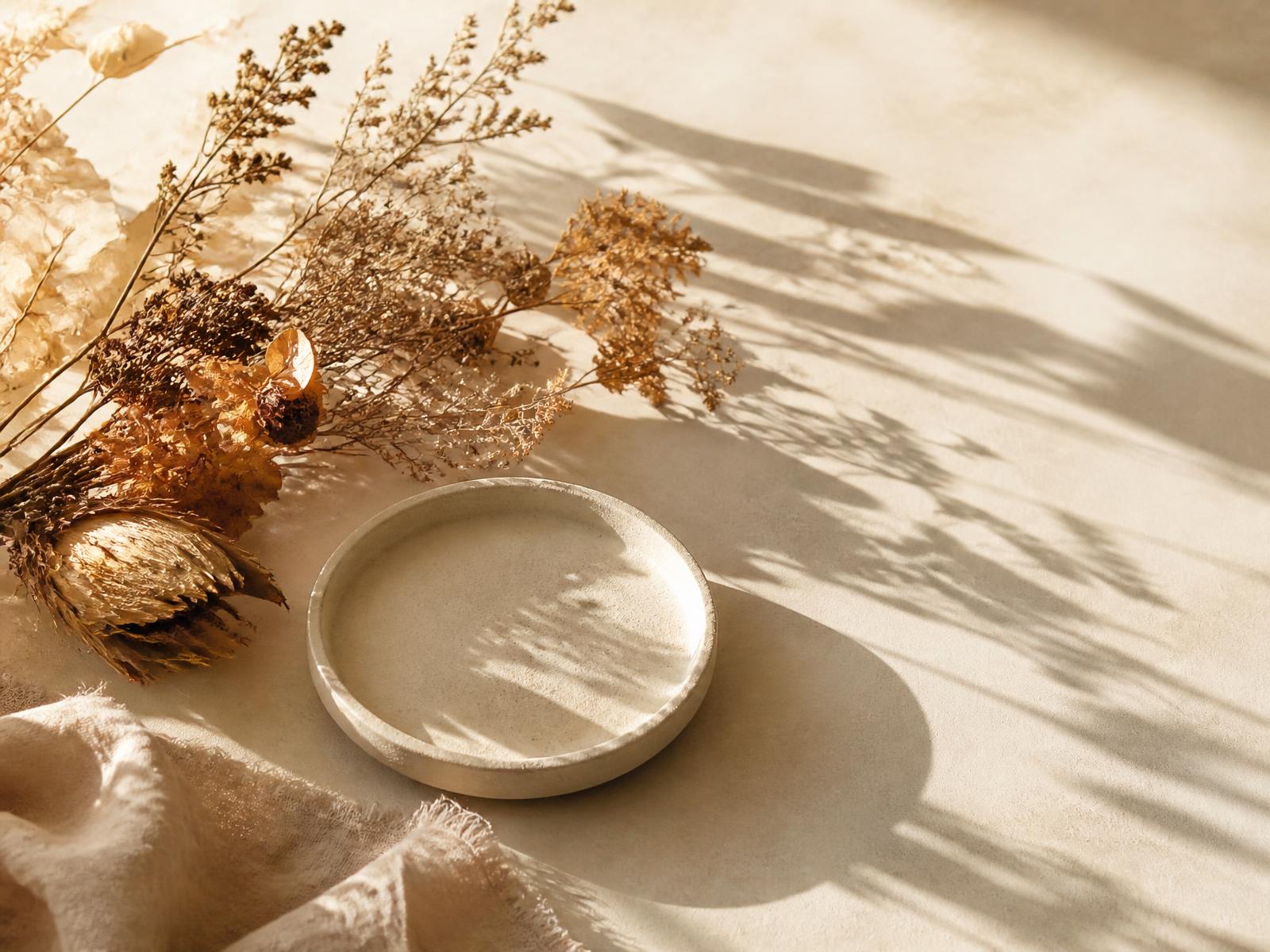 Dried flowers and a ceramic dish in warm afternoon light