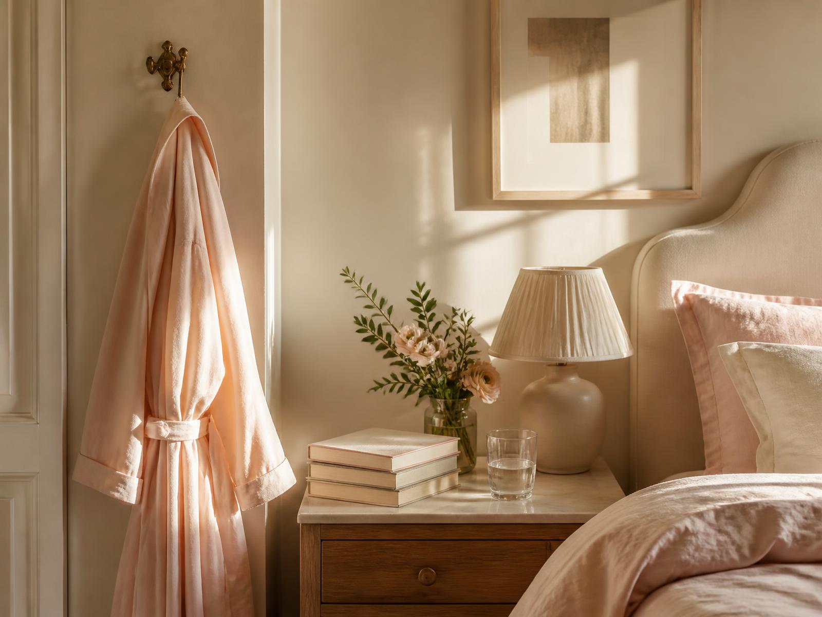 Blush robe and bedside table in soft morning light