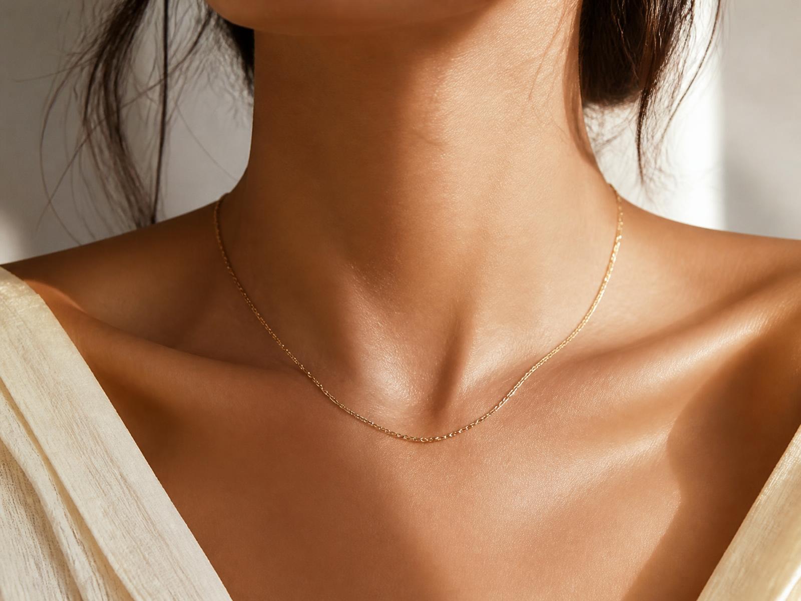 Close-up of a neck and collarbone with a fine gold chain