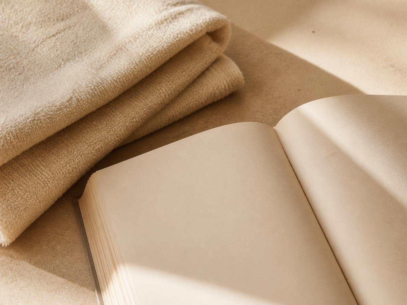 Folded cream towel beside an open notebook in warm morning light